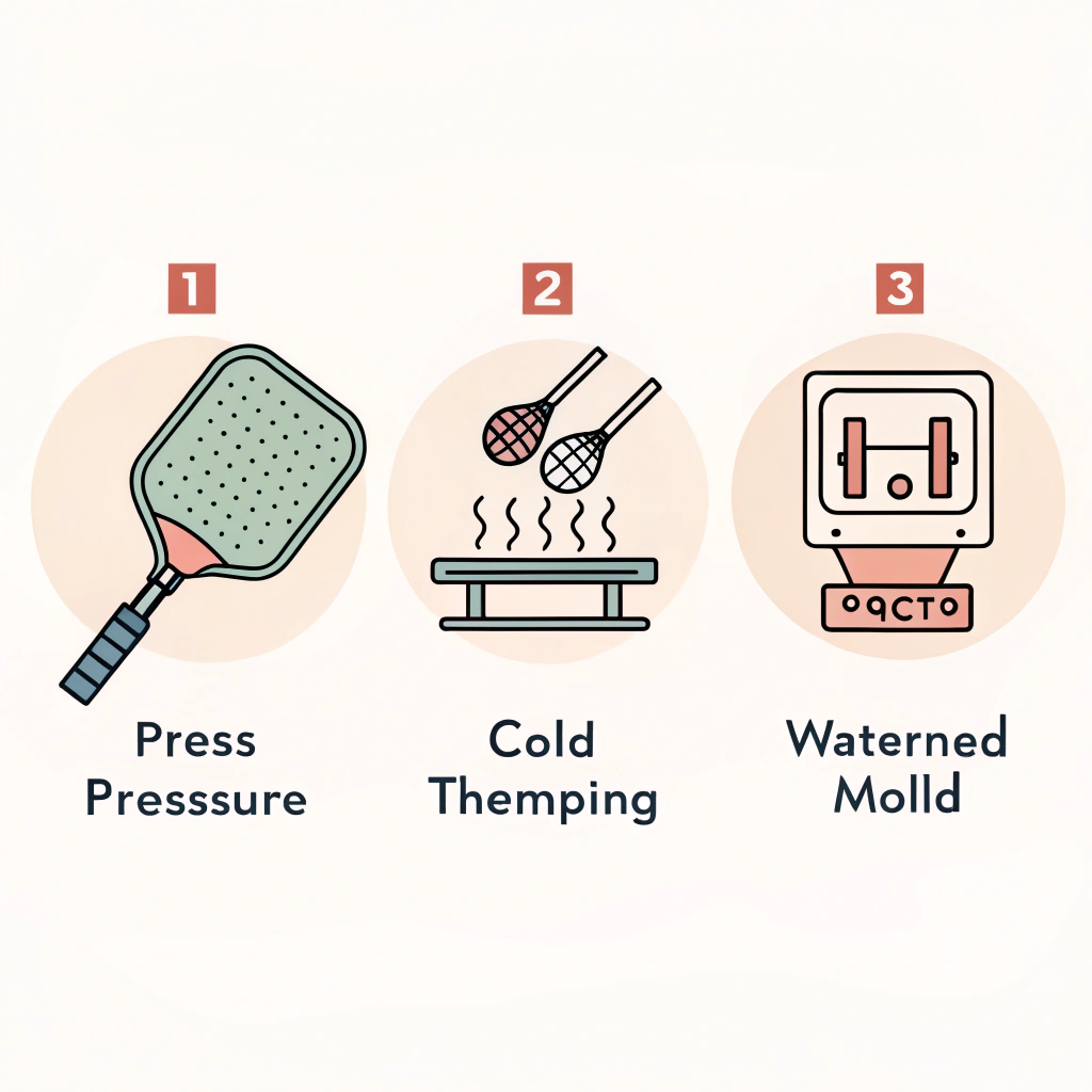 Flat design image depicting hot pressing, cold pressing, and thermoforming in paddle production.