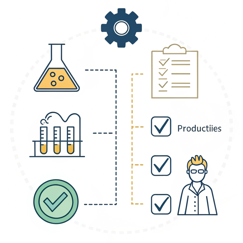 Minimal 2D checklist with icons for quality control and ergonomics