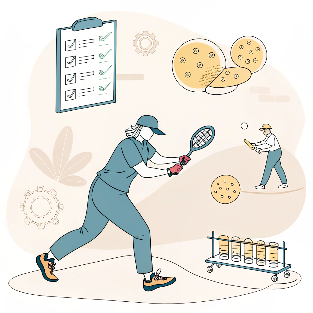 Minimalistic flat design illustration showing quality control and customization processes in pickleball manufacturing