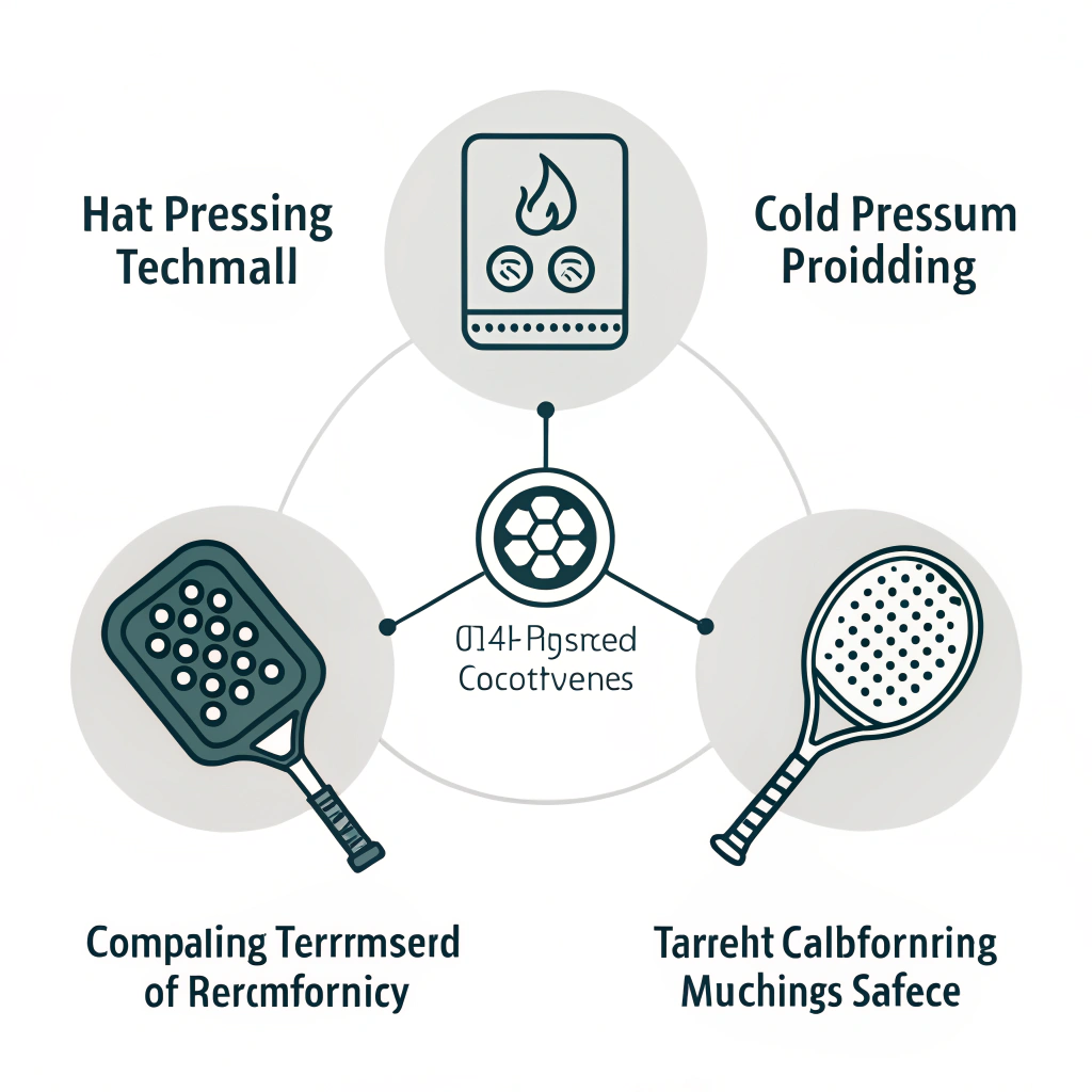 Flat design illustration comparing three pickleball paddle manufacturing methods in a balanced layout.
