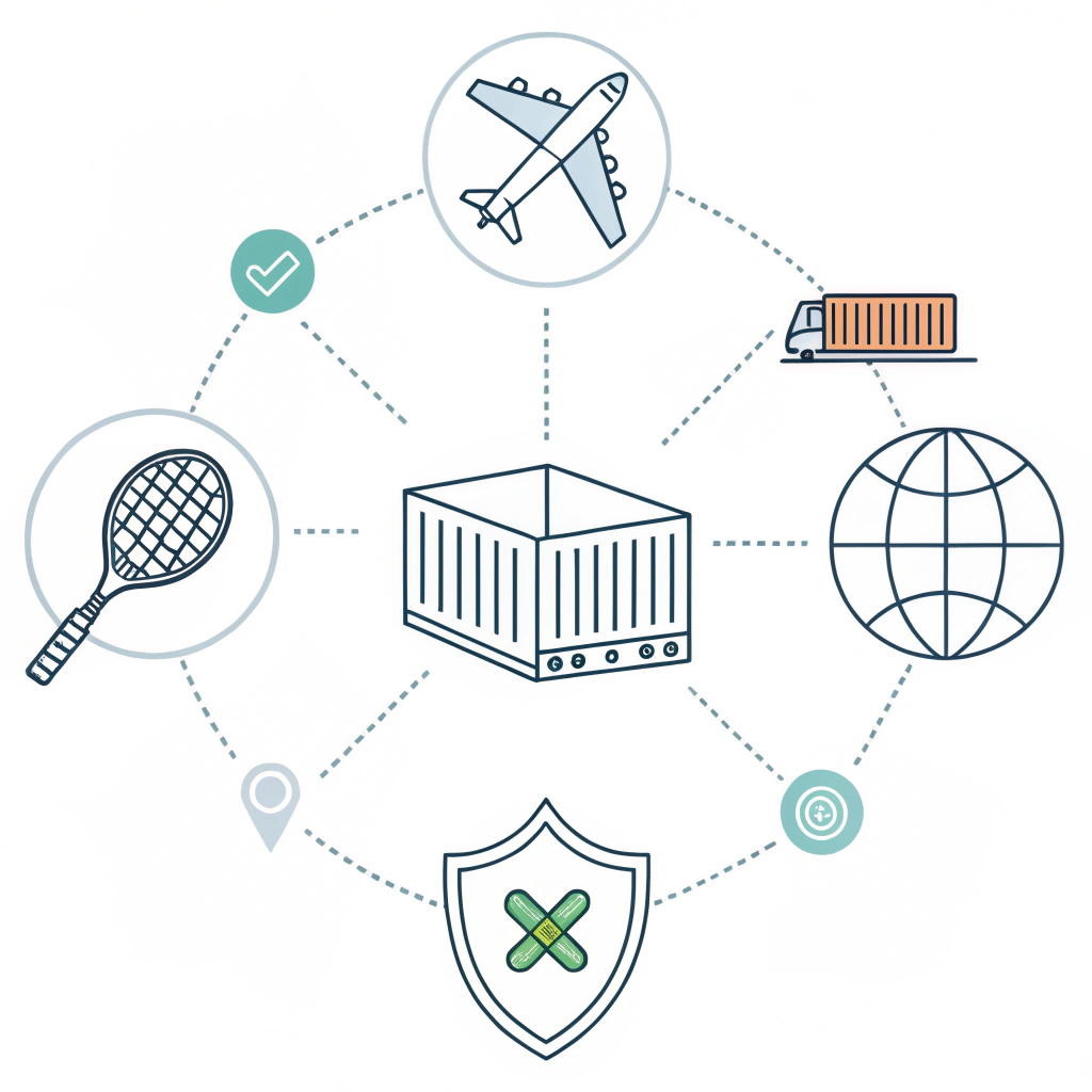 A clean 2D illustration depicting export logistics risk management with paddle, shipping, and customs icons in a simplified style.