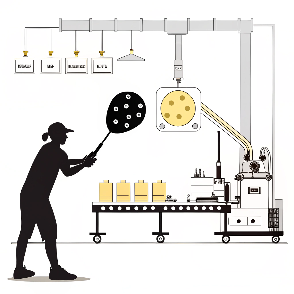 Simple 2D illustration of a paddle production process with machinery.