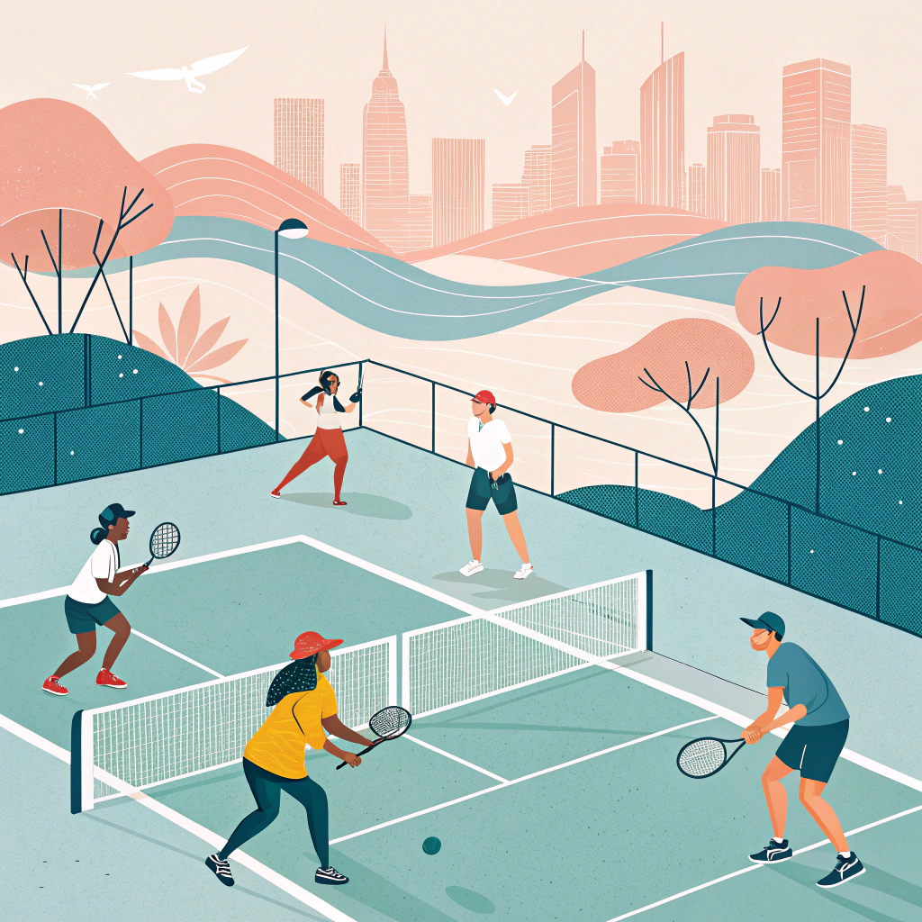 Minimalistic illustration showing community pickleball play and market growth in Australia with flat design aesthetics