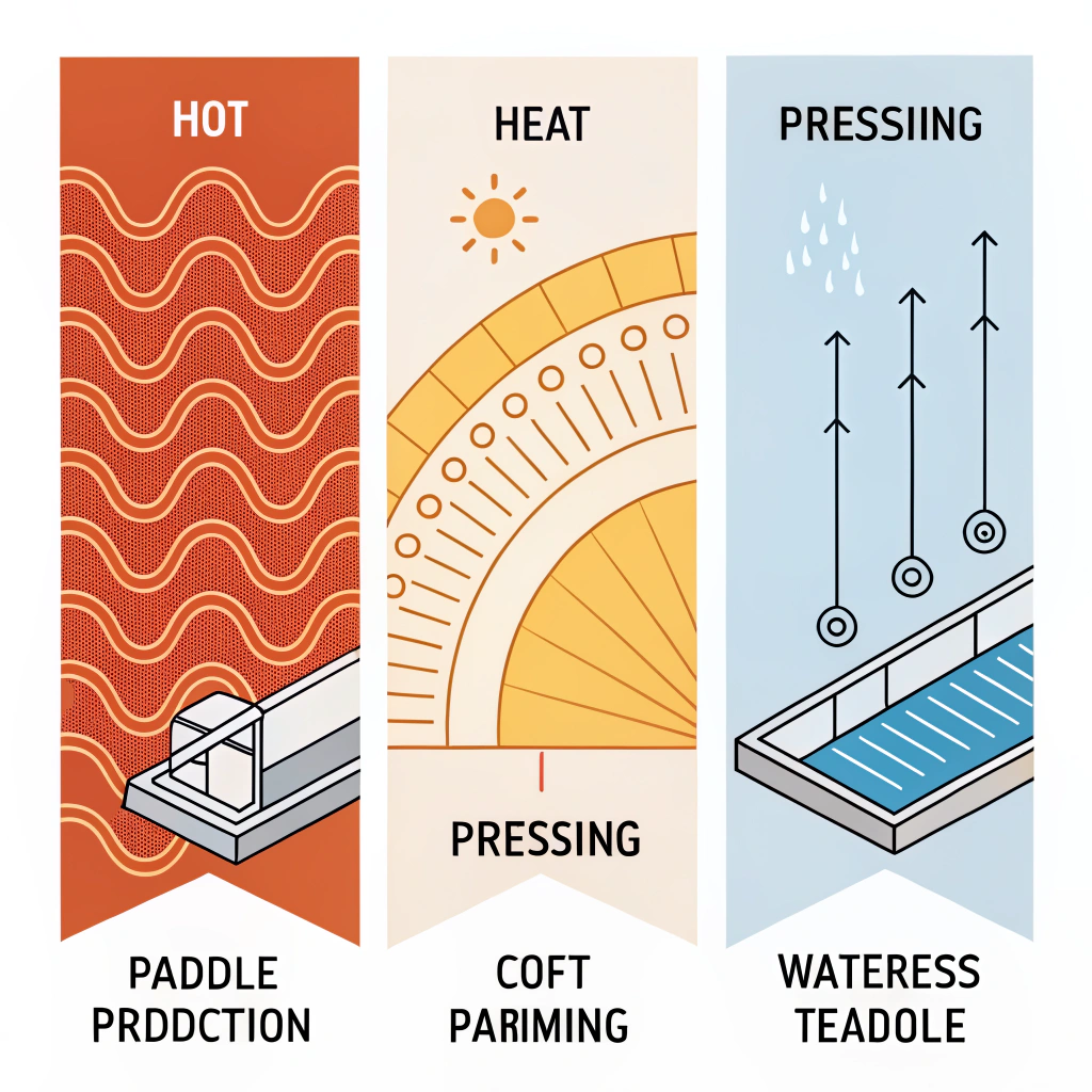 Minimalist 2D depiction of hot pressing, cold pressing, and thermoforming processes
