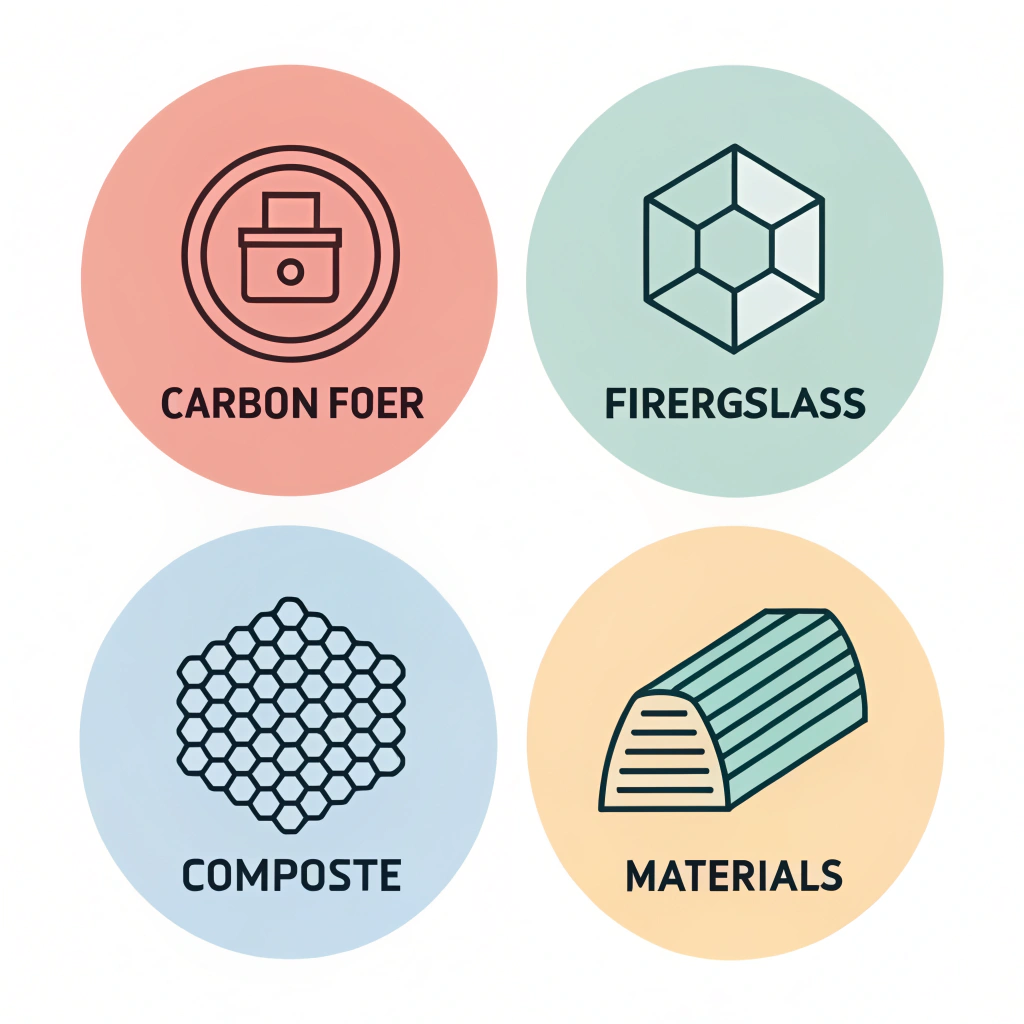 Minimal abstract icons representing carbon fiber, fiberglass, and composite materials for paddle design.