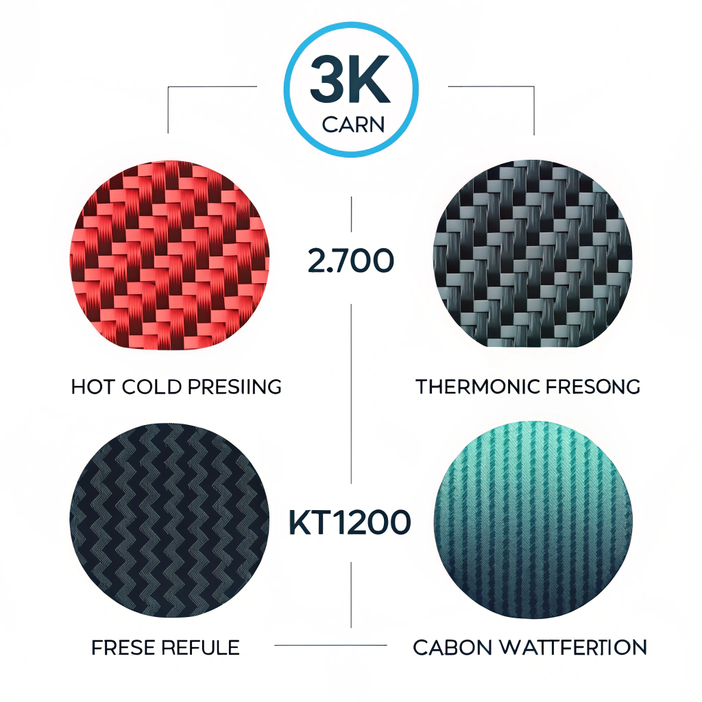 Minimal 2D illustration of carbon fiber patterns with production process icons in a flat style