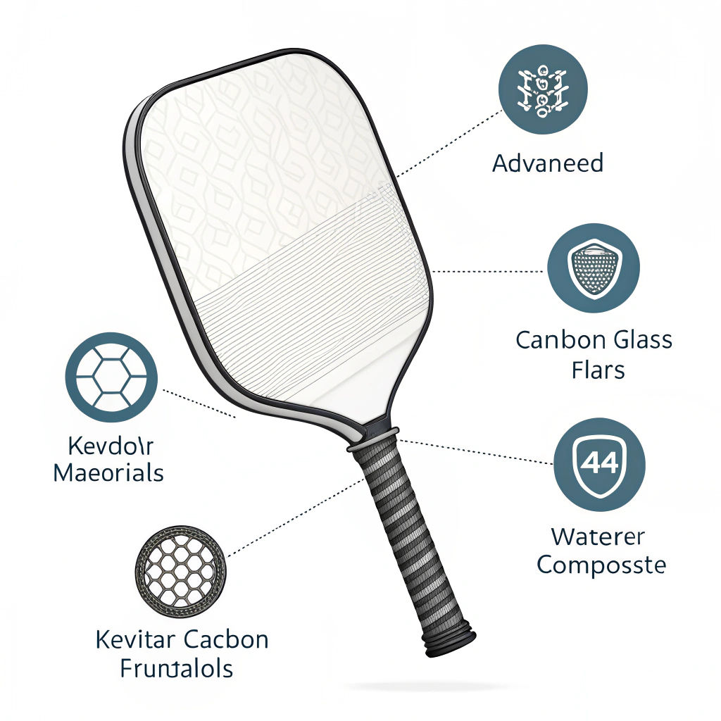 Simplified 2D artwork showing a pickleball paddle with abstract material elements.