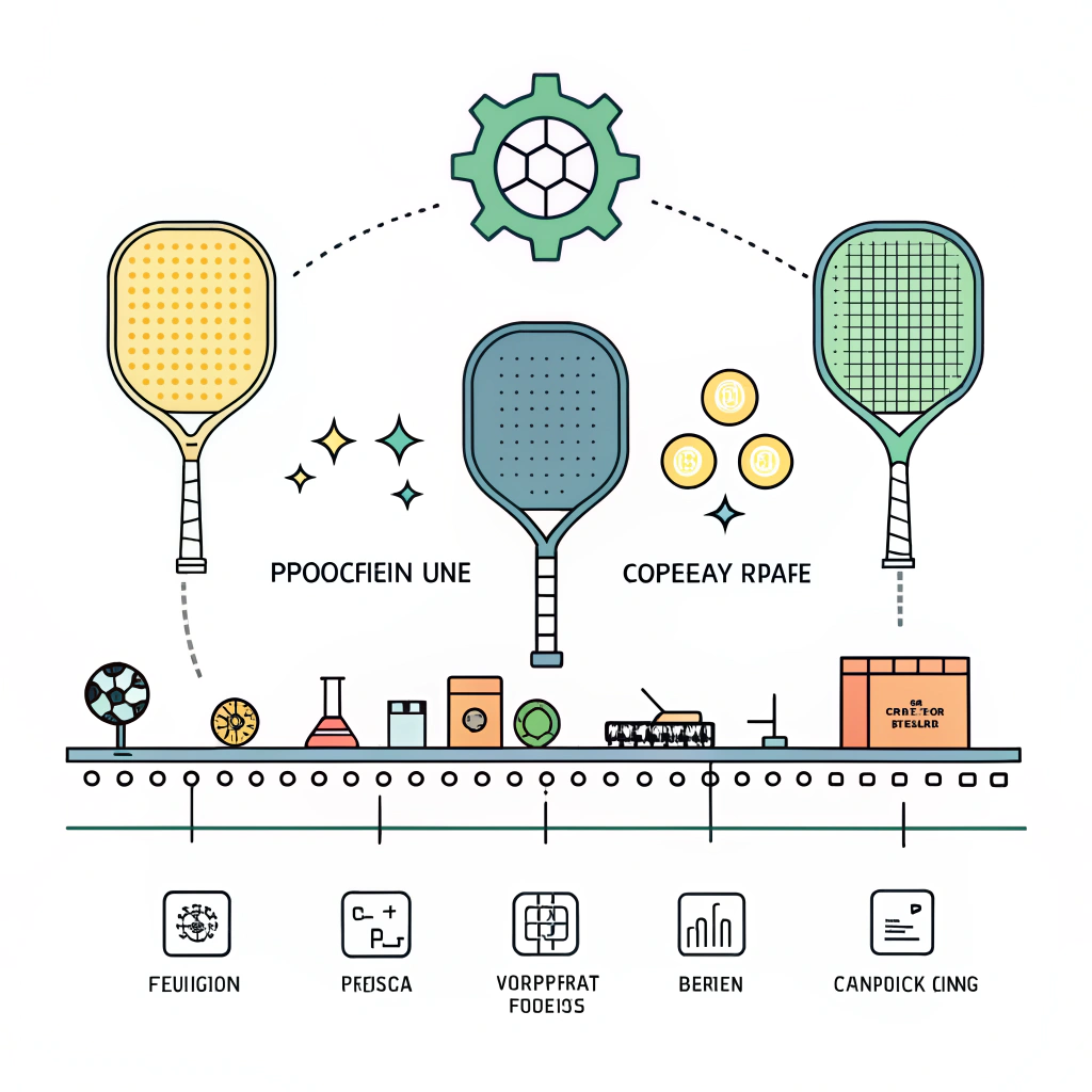 Minimalistic 2D illustration of a modern bulk production line for custom pickleball paddles.