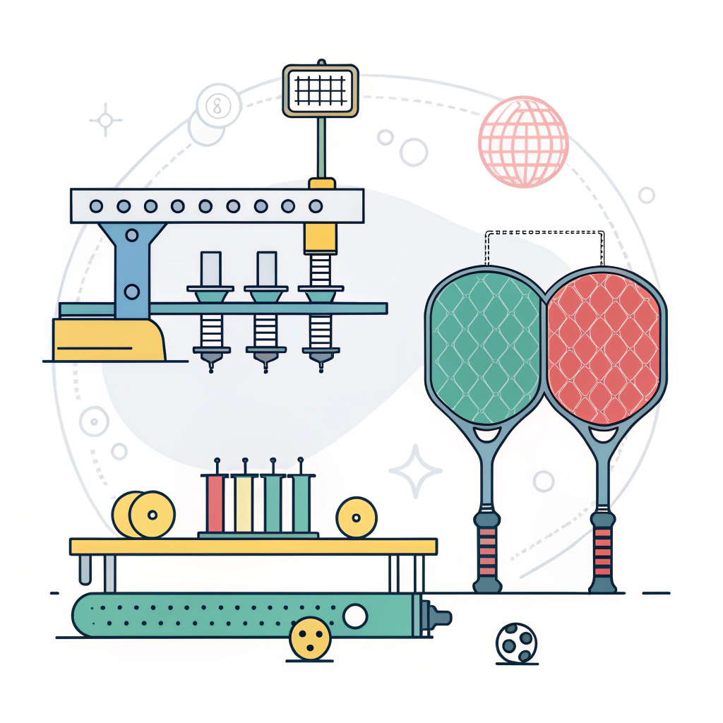 Minimal 2D illustration of modern pickleball paddle manufacturing with advanced materials.
