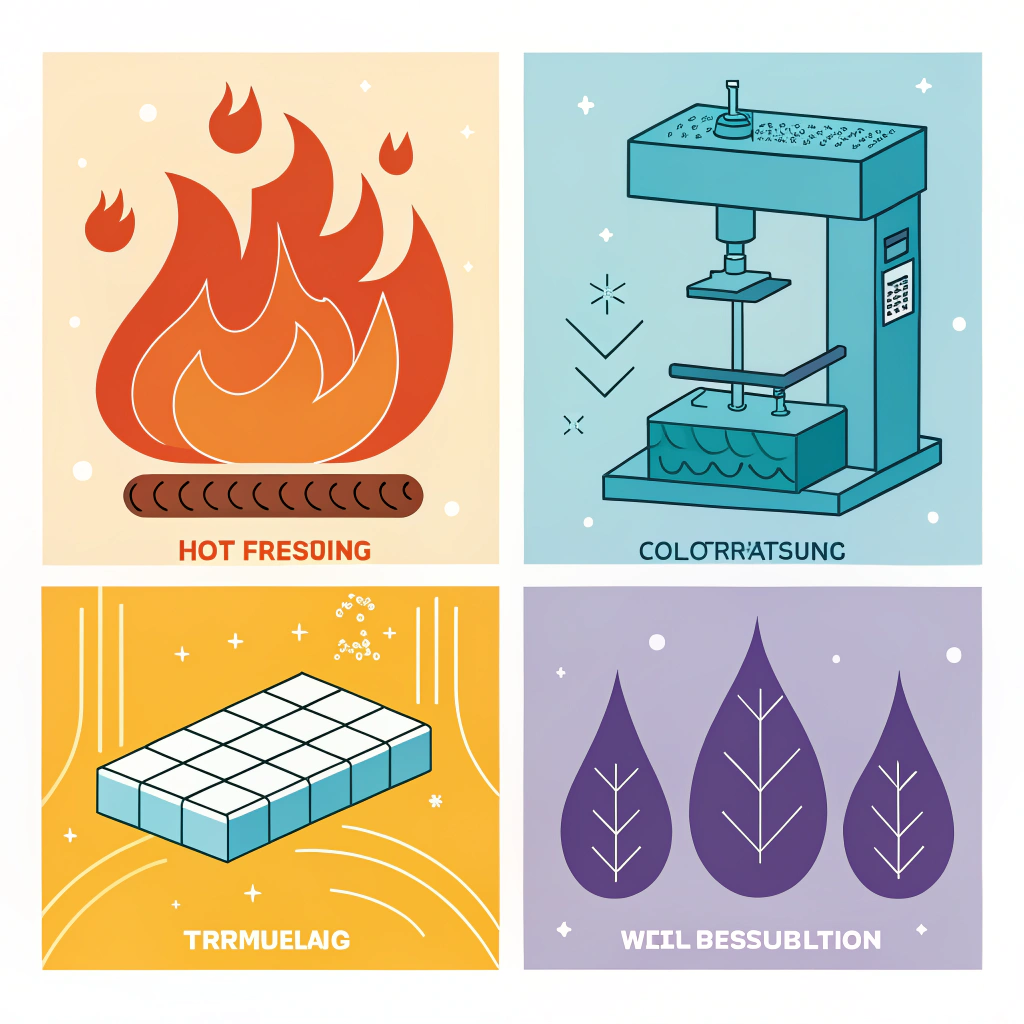 Three simple panels symbolizing hot pressing, cold pressing, and thermoforming in paddle production.