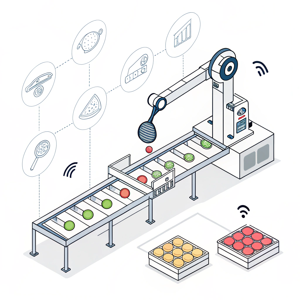 Minimalist 2D illustration of an automated pickleball paddle production line.