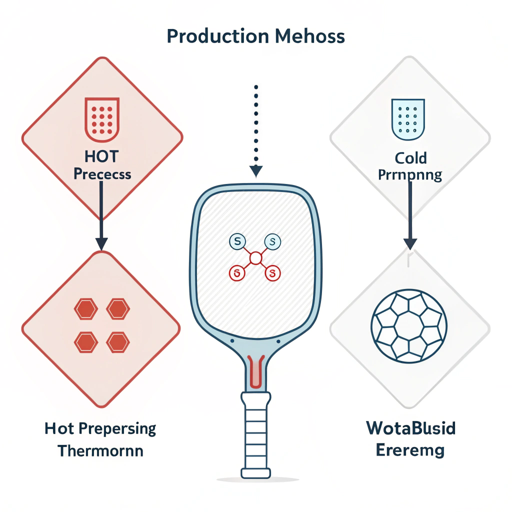 Minimalistic 2D flat illustration of three production processes for pickleball paddles in simple design.