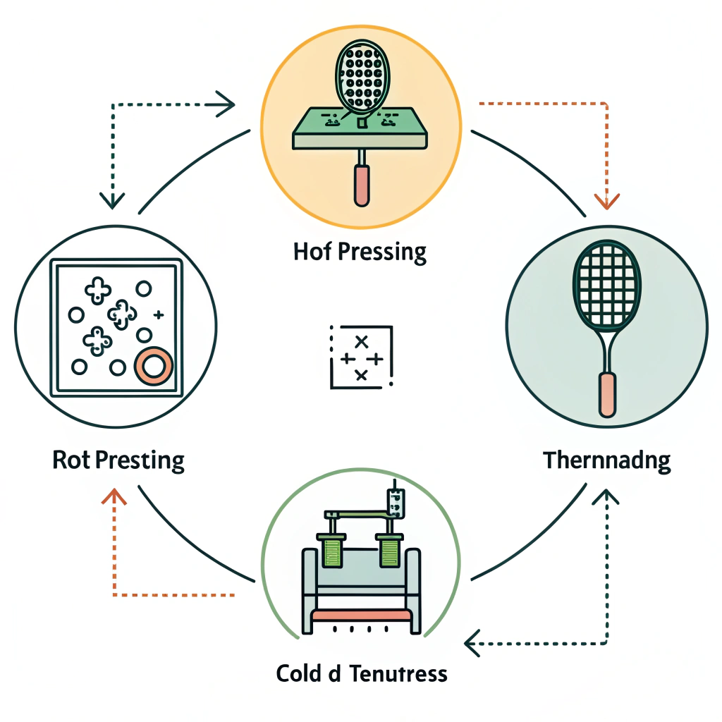 Minimalistic 2D diagram illustrating integrated pickleball paddle production methods.