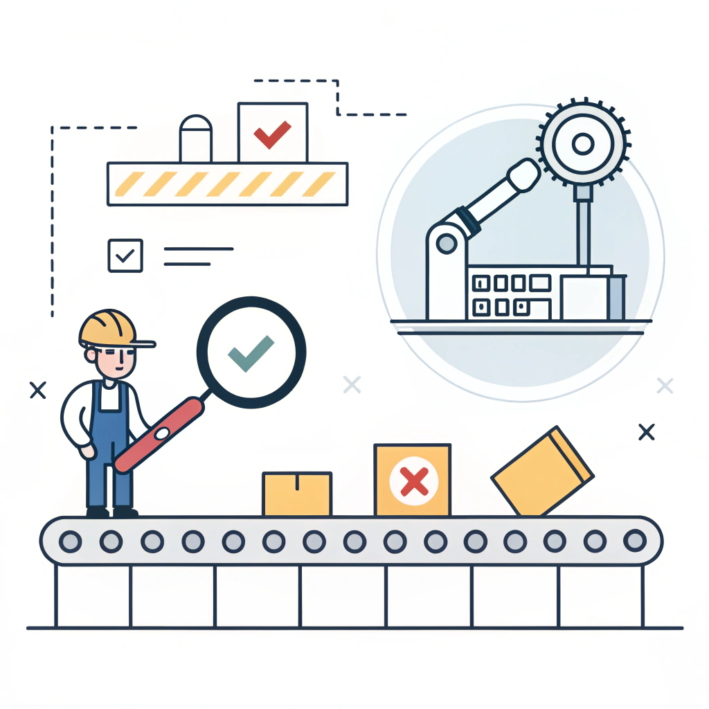 "Minimal flat illustration of quality control process with abstract inspection icons and factory elements."