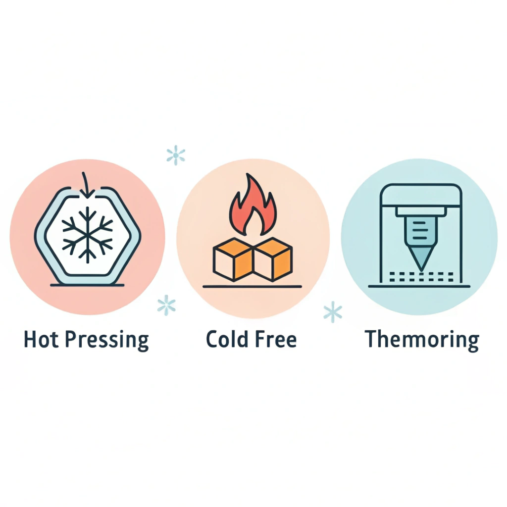 Flat minimal illustration representing three production techniques in manufacture.