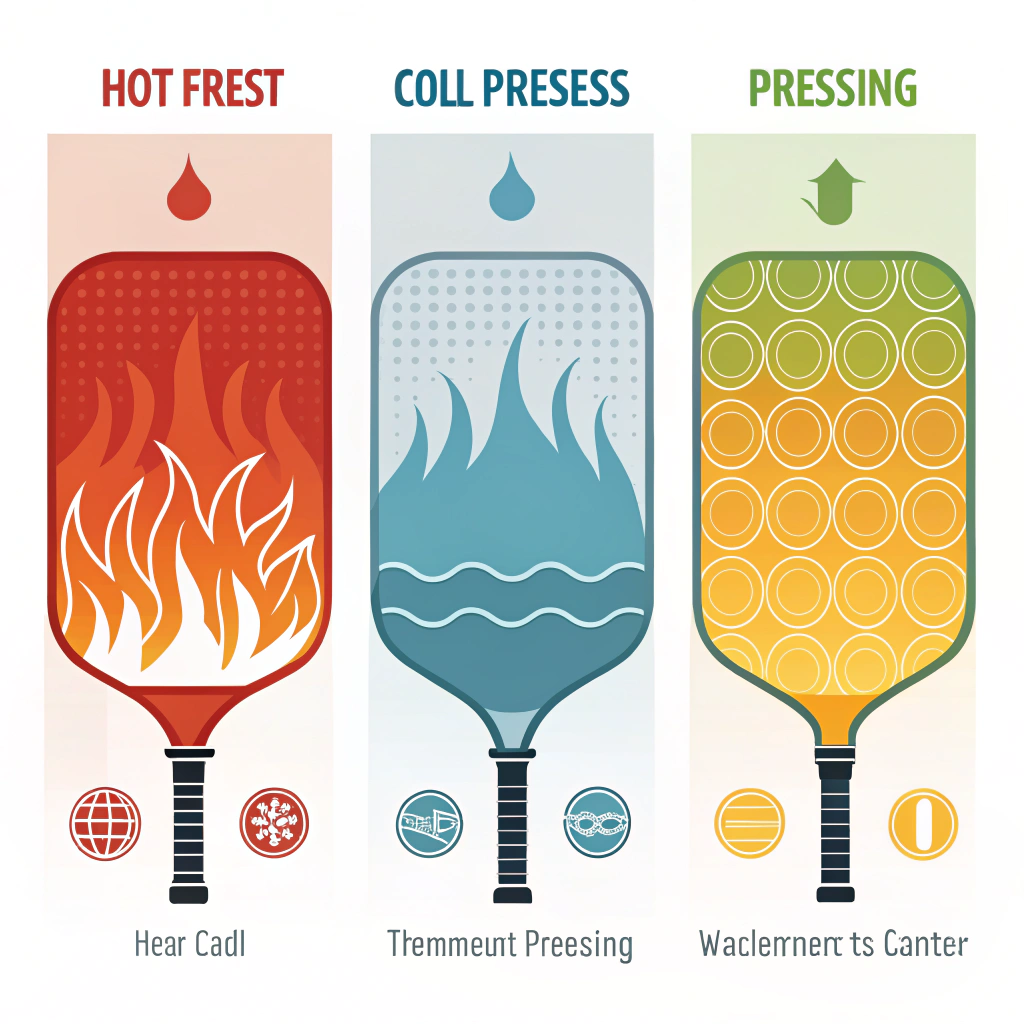 Minimalist 2D illustration of three distinct pickleball production methods