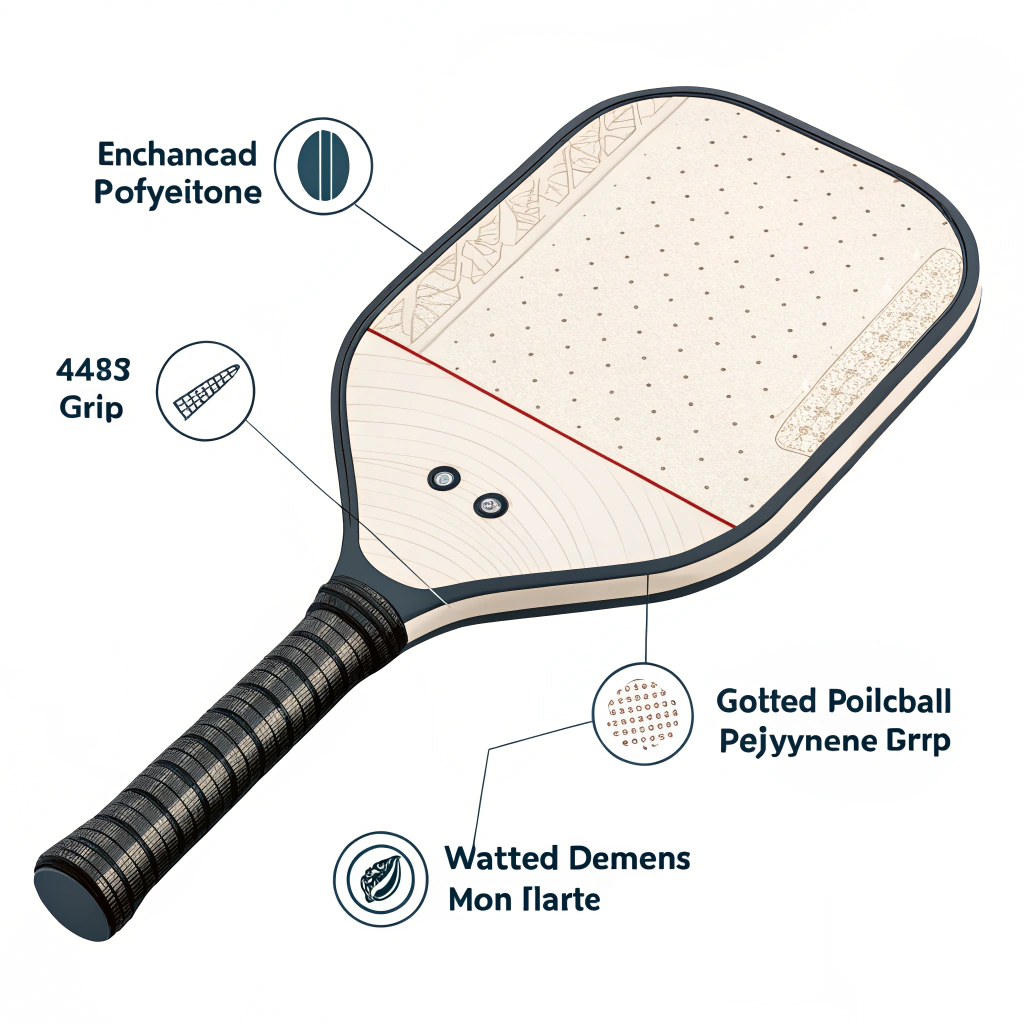 Minimalist 2D illustration of a pickleball paddle with a detailed polyurethane grip