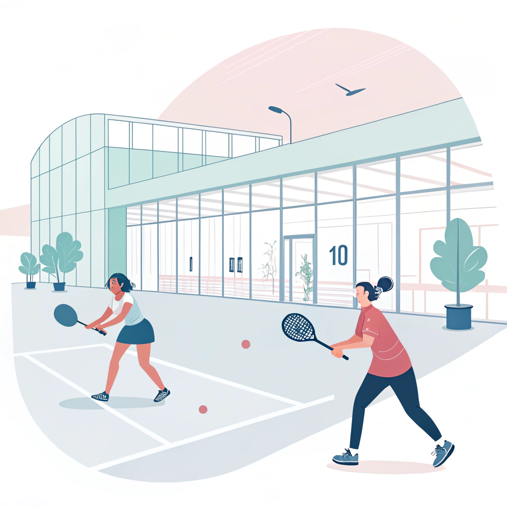 Minimal 2D illustration of a pickleball match in a European sports club environment.