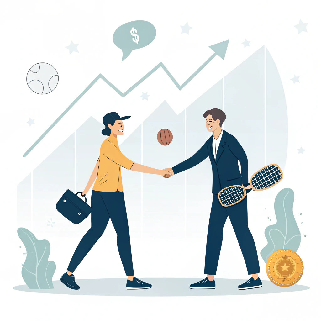 Minimalist illustration of a business handshake with abstract growth elements and pickleball hints.