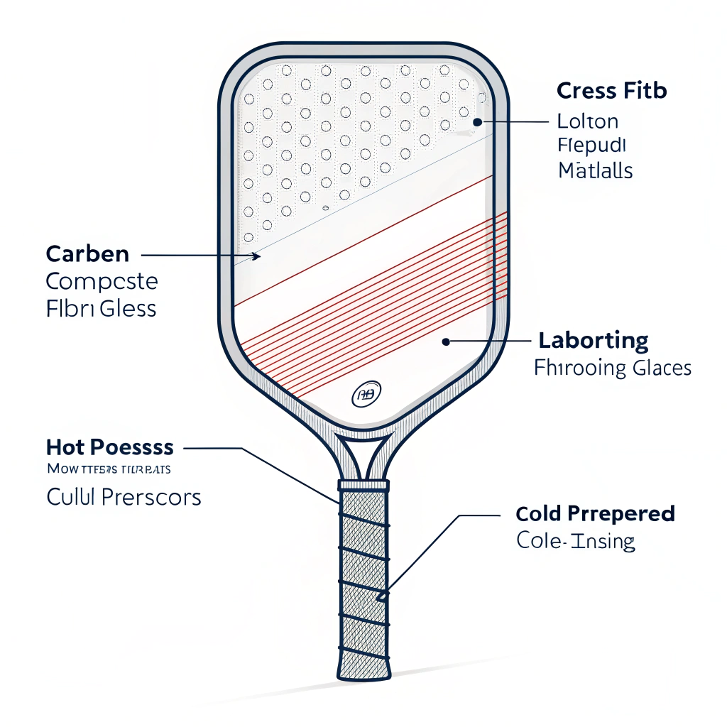 Minimalist 2D illustration of a paddle showing composite layers and production methods