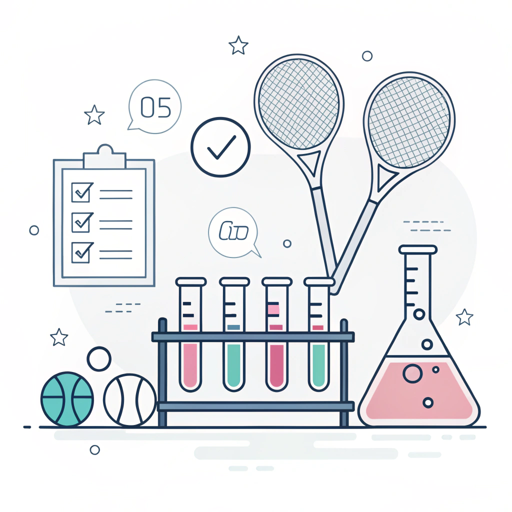 A simple 2D lab scene showing sports equipment quality testing with modern design.