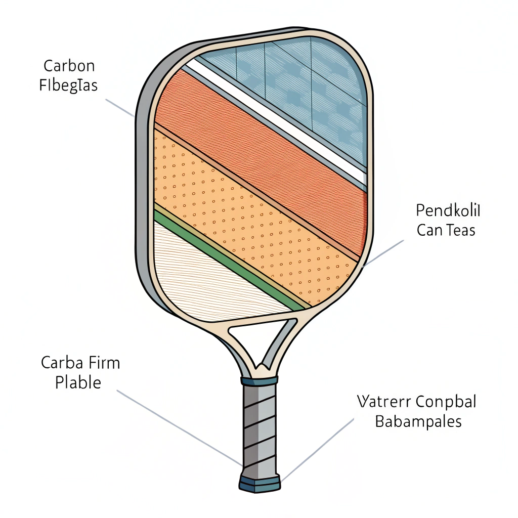 A minimalistic flat illustration depicting a laminated pickleball paddle with multiple material layers.