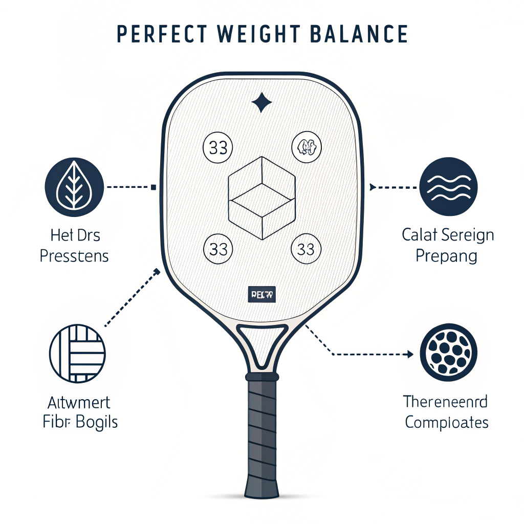 Minimalist 2D illustration of a balanced pickleball paddle with abstract manufacturing elements.