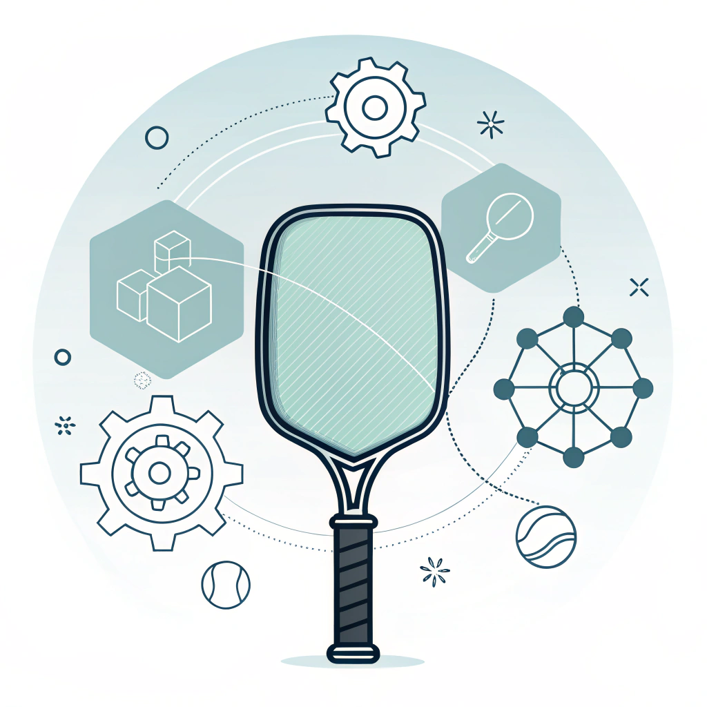 Minimal flat illustration of a pickleball paddle with abstract production and supply chain symbols.