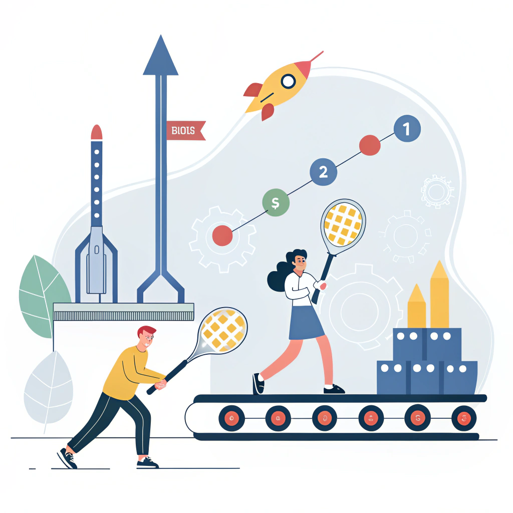 Minimalist illustration featuring startup energy with abstract pickleball paddles and production elements.