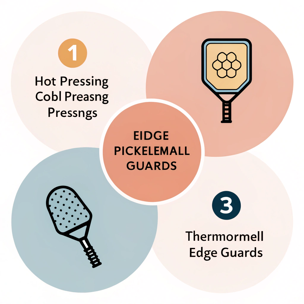 A clear minimalist illustration showing three manufacturing techniques for edge guard integration on pickleball paddles in a segmented layout.