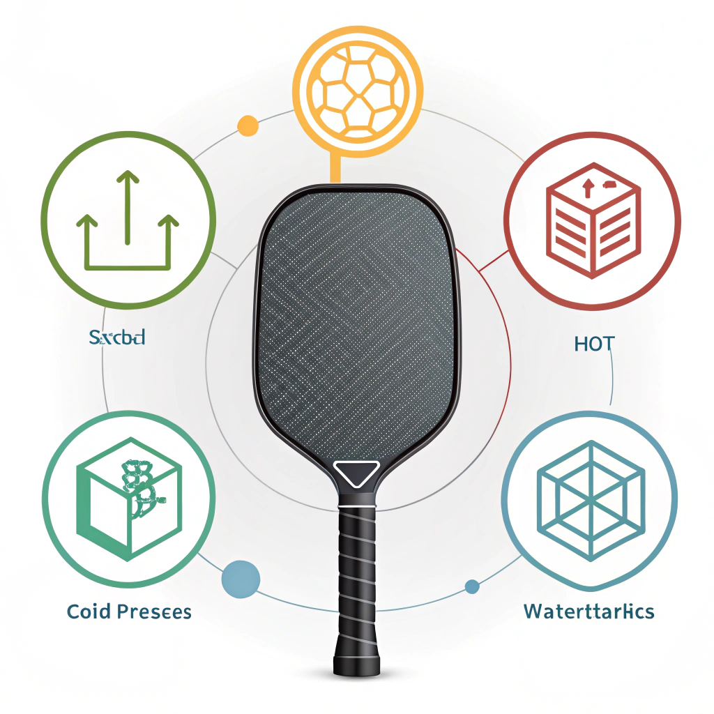 A minimalist 2D flat illustration of a custom carbon fiber pickleball paddle with abstract production icons.