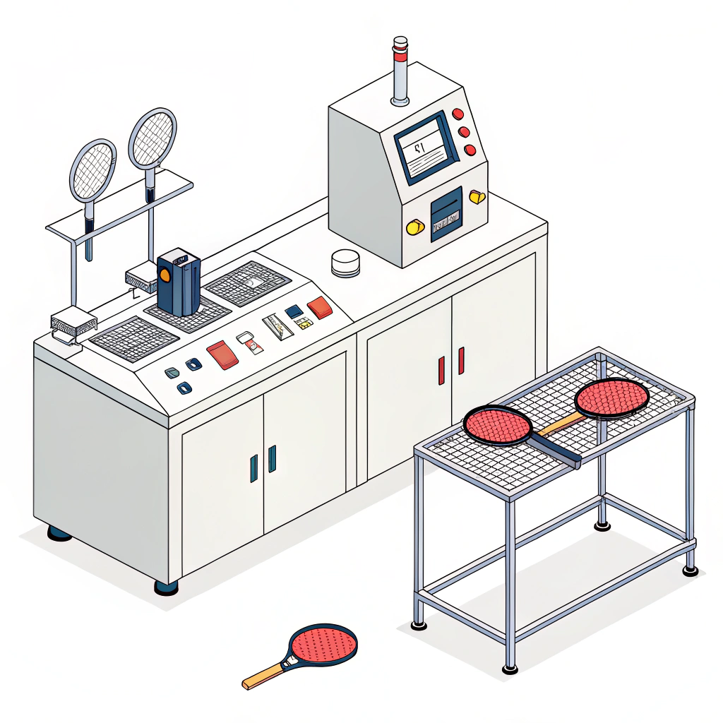 Flat digital art depicting a quality control lab testing pickleball paddles