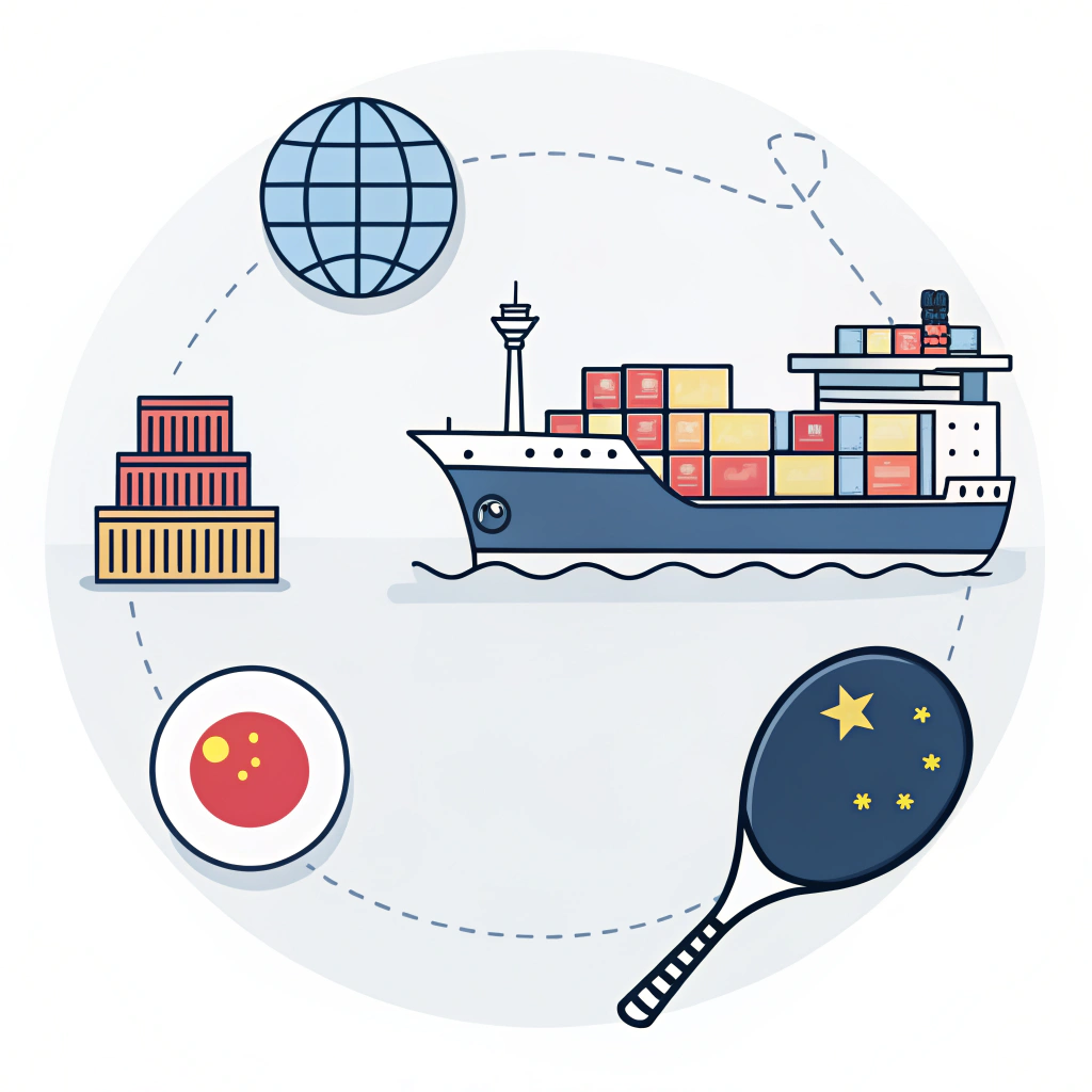Minimal illustration of global trade with Chinese port, ship, and pickleball paddle