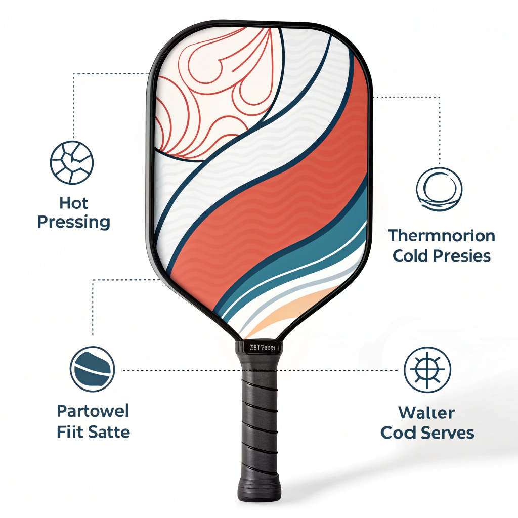Minimalist illustration of a custom pickleball paddle with abstract manufacturing design elements.