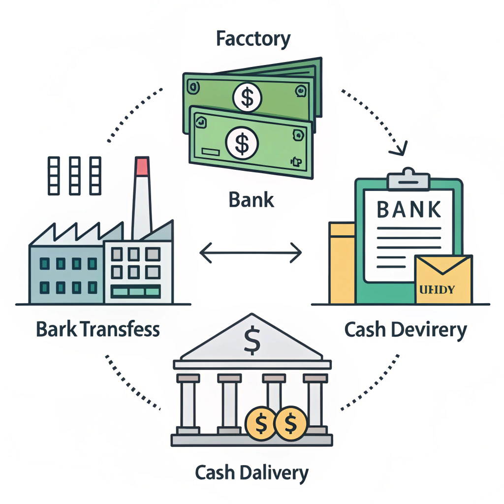 A simple flat illustration showing a factory, bank, and cash icons representing payment terms in manufacturing.