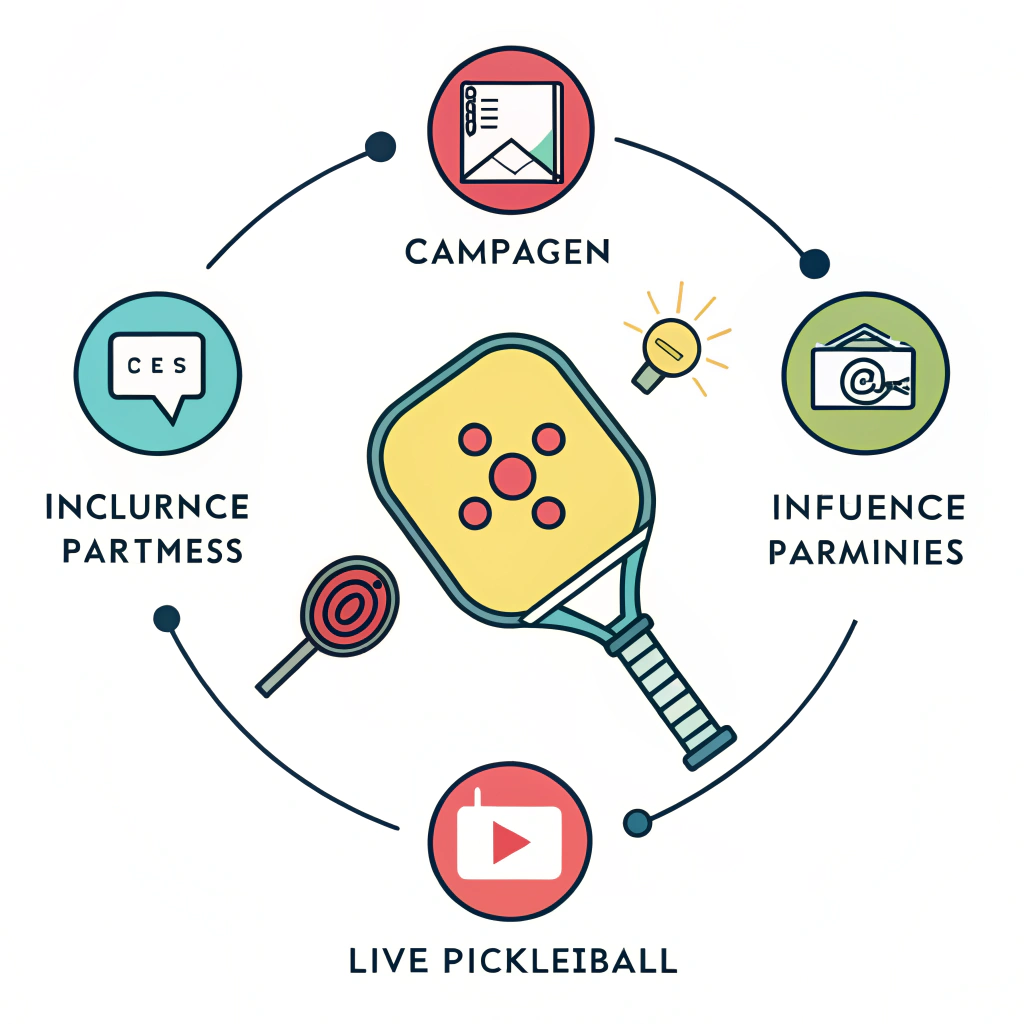 Minimalistic 2D illustration of interconnected digital and event marketing with pickleball themes.