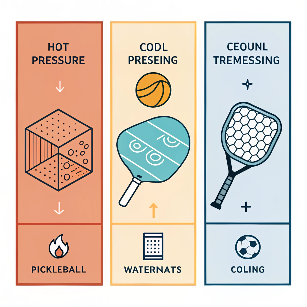 Minimal 2D illustration depicting three paddle manufacturing methods in separate panels.