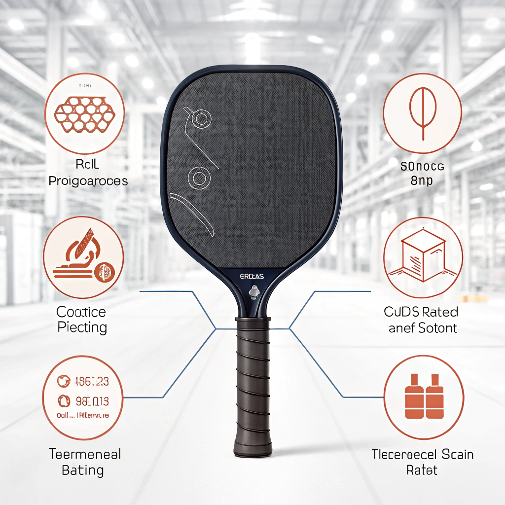 "Minimal 2D illustration of high-tech pickleball paddle manufacturing with abstract process icons."