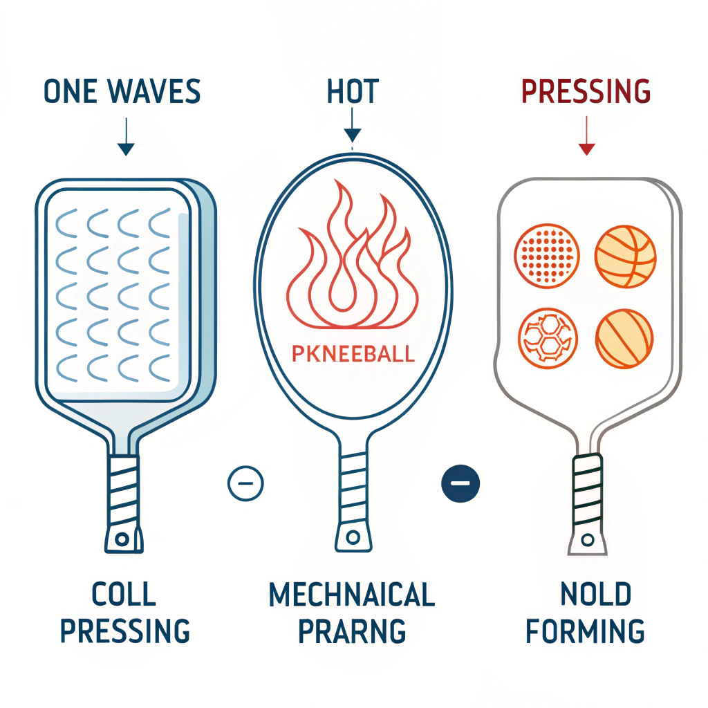 Minimalist vector icons of hot pressing, cold pressing, and thermoforming in paddle production.