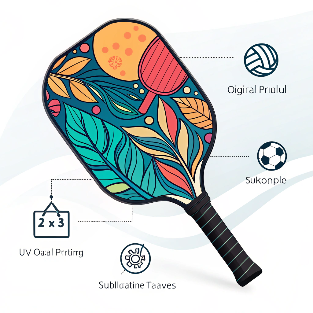 Minimal flat illustration of a vibrant pickleball paddle showcasing various printing techniques.