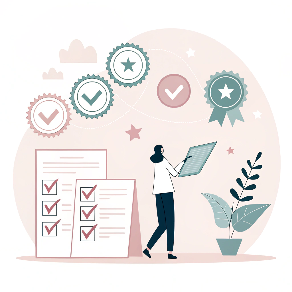 Minimalist illustration of compliance verification using abstract accreditation symbols and inspection elements.