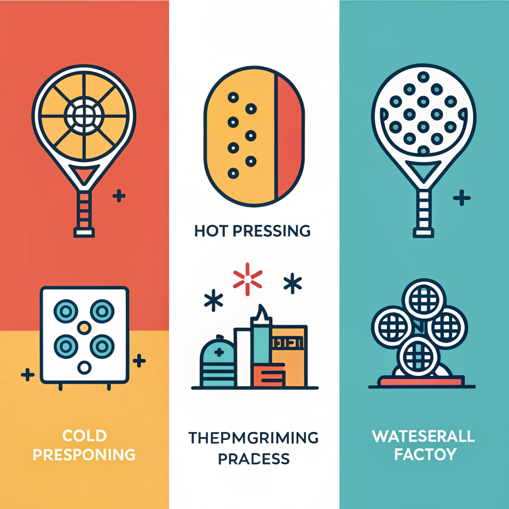 Minimal flat style icons depicting advanced pickleball paddle production processes.