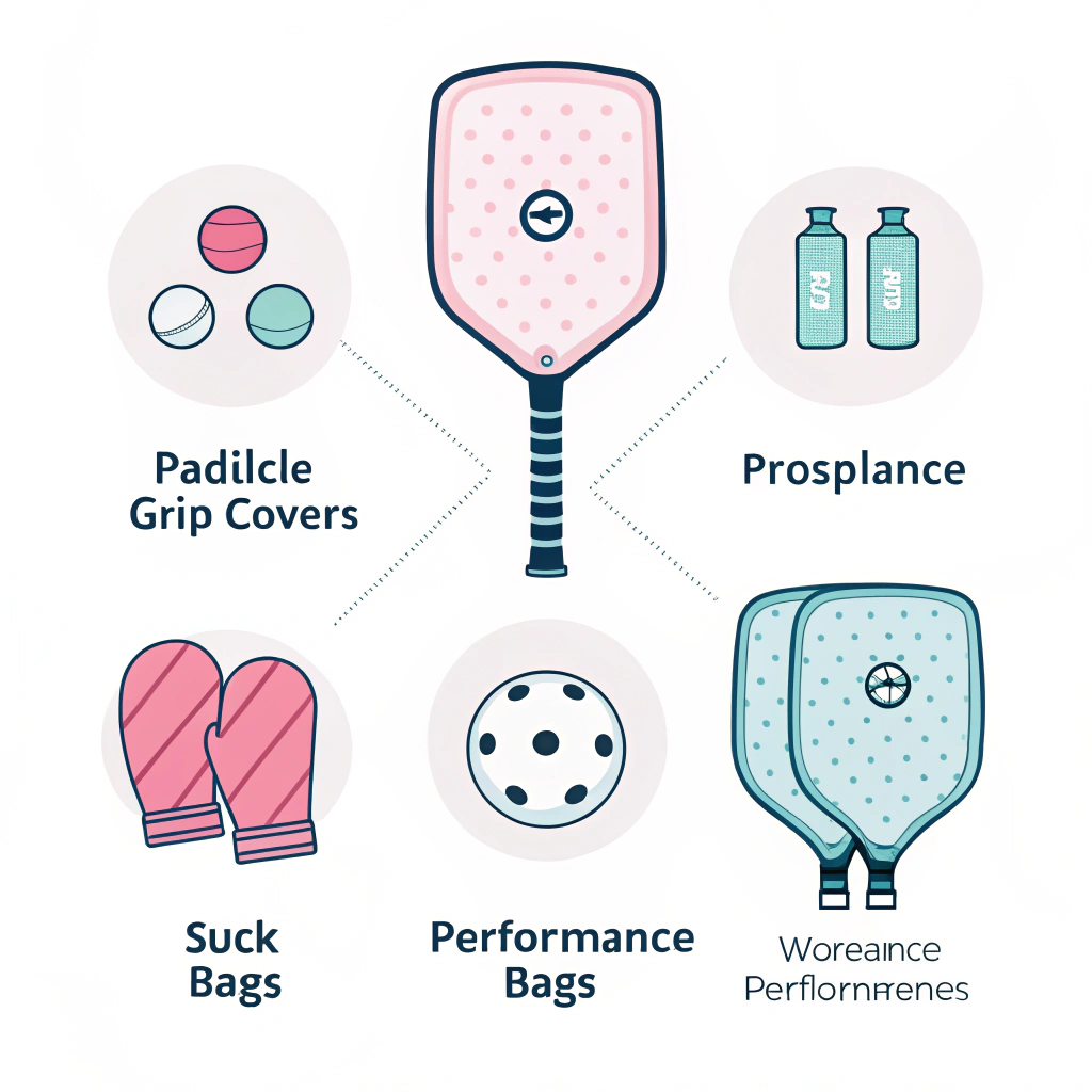 Minimal flat design arrangement of various pickleball accessory items in soft pastel hues.