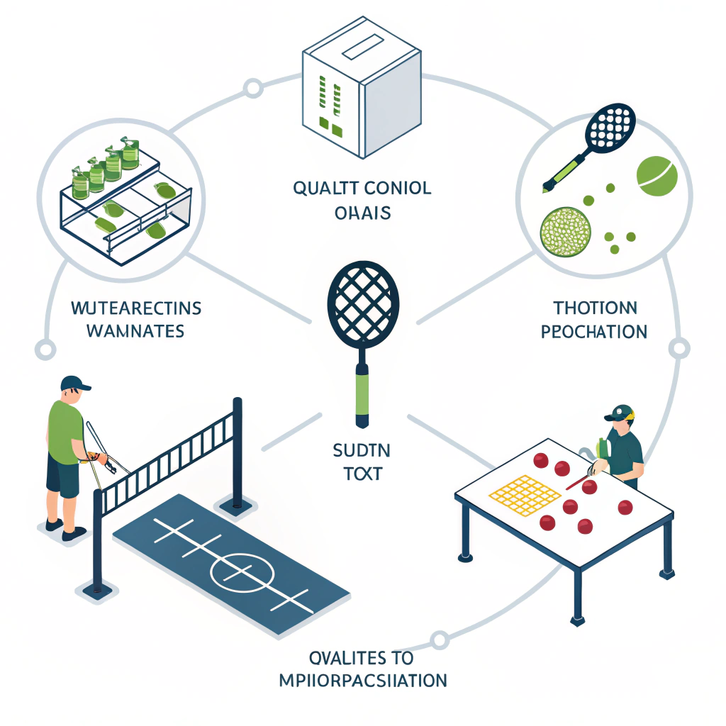 Minimalist 2D art of quality control and innovation in pickleball manufacturing