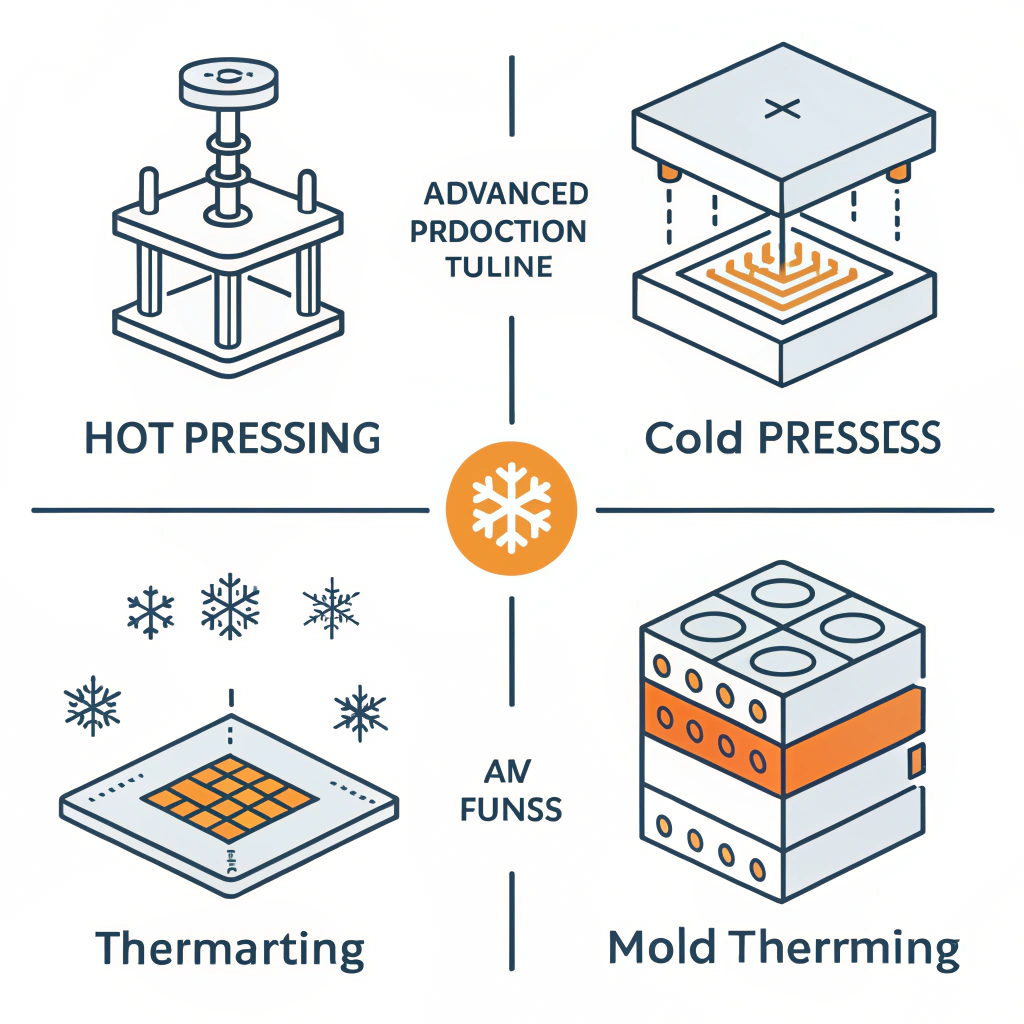 "Minimalist three-panel illustration symbolizing hot pressing, cold pressing, and thermoforming in production."