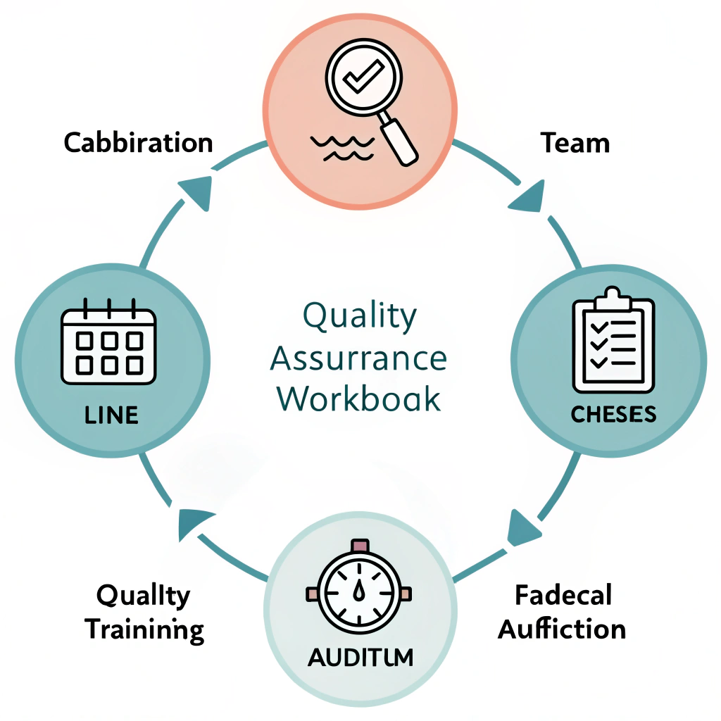 Minimalistic 2D illustration depicting a circular quality assurance process with simple icons