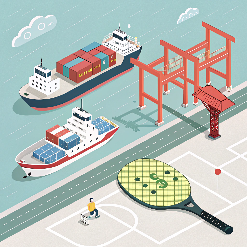 Minimal flat design showing Chinese port elements and a pickleball paddle symbolizing efficient trade.