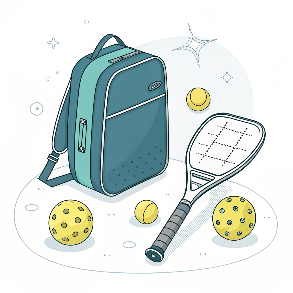 Minimalistic 2D illustration of a stylish pickleball bag and high-performance ball.