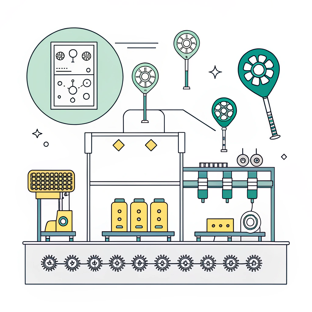 2D minimalist illustration of modern pickleball paddle production process