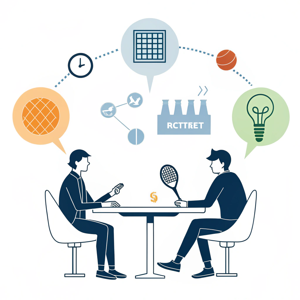 Flat design illustration of business figures negotiating pickleball equipment procurement.